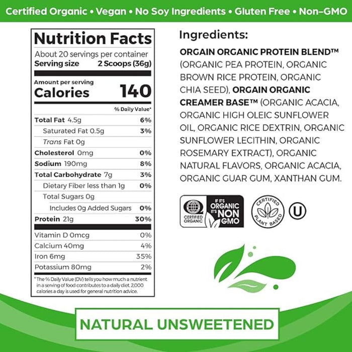 Orgain Organic Protein, Natural Unsweetened - 720g