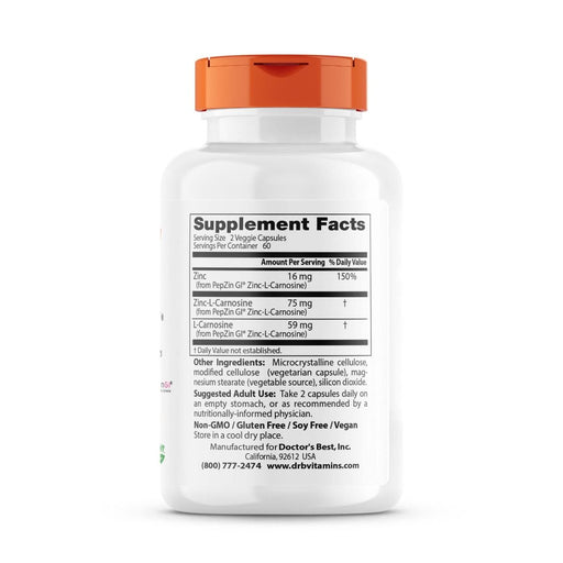 Doctor's Best PepZin GI, Zinc-L-Carnosine Complex 120 Veggie Capsules | Premium Supplements at HealthPharm.co.uk