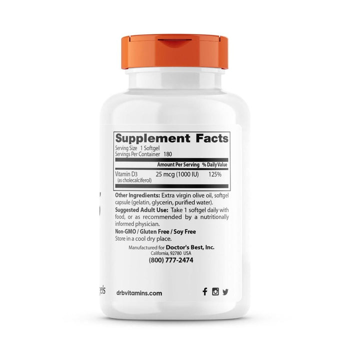 Doctor's Best Vitamin D3 25 mcg (1,000 IU) 180 Softgels | Premium Supplements at HealthPharm.co.uk