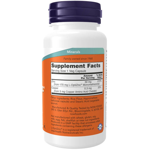 NOW Foods L-OptiZinc 30 mg 100 Veg Capsules | Premium Supplements at HealthPharm.co.uk