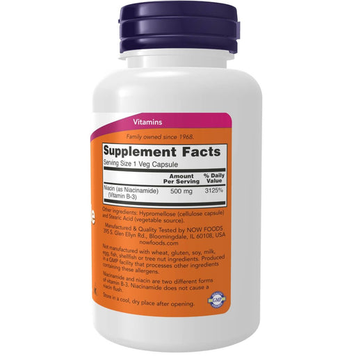 NOW Foods Niacinamide (Vitamin B-3) No Flush 500 mg 100 Capsules | Premium Supplements at HealthPharm.co.uk