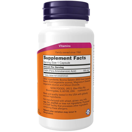 NOW Foods PABA (Para-Aminobenzoic Acid) 500 mg 100 Capsules | Premium Supplements at HealthPharm.co.uk