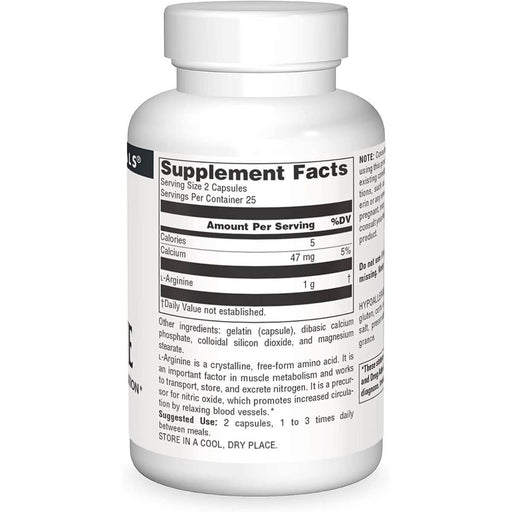 Source Naturals L-Arginine 500mg 50 Capsules | Premium Supplements at HealthPharm.co.uk