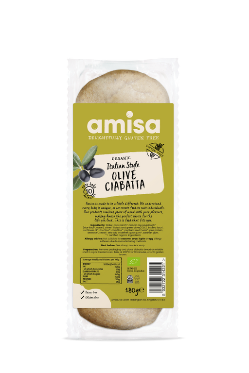Amisa Organic Gluten Free Olive Ciabatta 180g