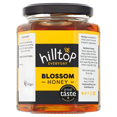 Hilltop Blossom Honey Jar - 100% Pure & Natural Honey | Premium Quality & Tested for Authenticity | Certified Kosher | Dairy Nut & Gluten Free - 340 g Jar