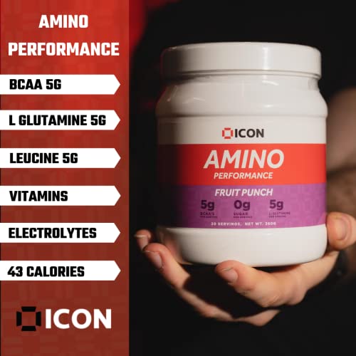 BCAA Amino Acid Powder Drink with L Glutamine Vitamins and Electrolytes | Sugar Free Pre and Intra Workout Recovery Drink | 30 Servings - ICON Nutrition Amino Performance