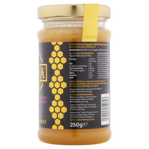 TIANA® Fairtrade Organics Raw Active Wildflower Honey | Enzyme Diastase Activity 10+ | 250 g | Therapeutic | High Enzymes | High Polyphenols | Immune Support | Digestion | Cold and Flu