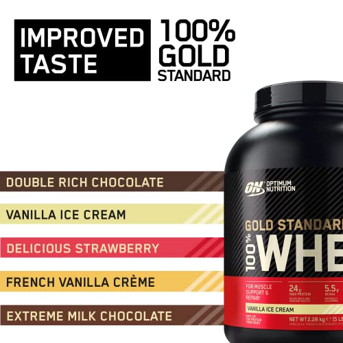 Optimum Nutrition Gold Standard Whey Protein Muscle Building Powder With Naturally Occurring Glutamine and Amino Acids Vanilla Ice Cream 151 Servings 4.53kg Packaging May Vary