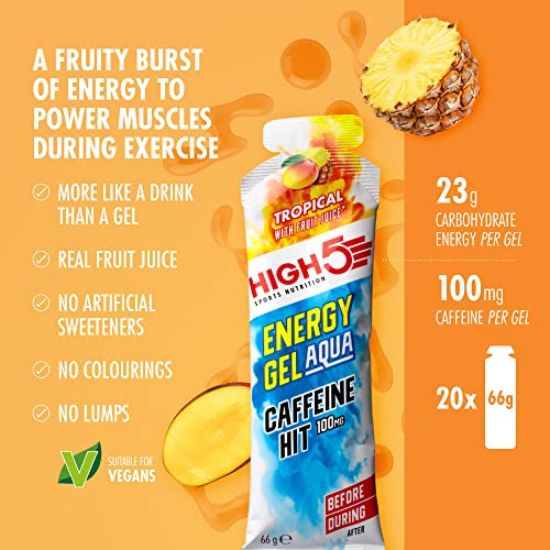 HIGH5 Energy Gel Aqua Caffeine Hit Liquid Quick Release Energy On The Go From Natural Fruit Juice (Tropical 20 x 66g)