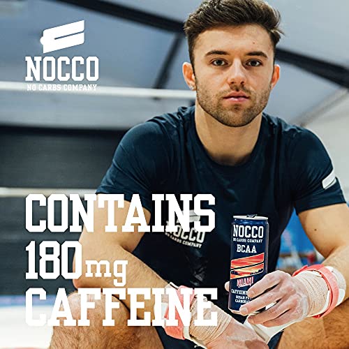 NOCCO Energy Drink | BCAA 180mg Caffeine sugar free drinks enhanced with amino acids and vitamins | pre workout fizzy drinks 12 x 330ml (Miami Strawberry)