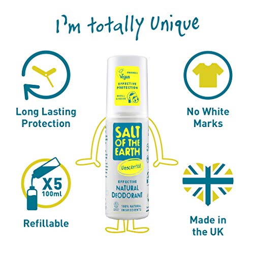 Natural Deodorant Spray by Salt of the Earth Unscented Fragrance Free - Vegan Long Lasting Protection Leaping Bunny Approved Made in the UK - 100ml