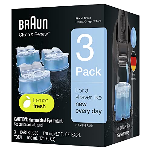 Braun Clean and Renew Electric Shaver Cleaning Cartridges Hygienically Cleans Removing Residual Hair & Skin Particles 3 Pack Lemon Fresh