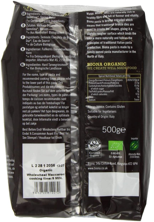 Biona Organic Wholewheat Macaroni Pasta 500g
