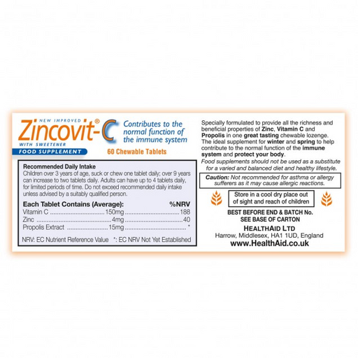 HealthAid® Zincovit®-C with Vitamin C Zinc and Propolis Chewable Lozenge 60 Tablets