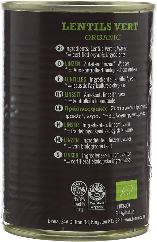 Biona Organic Lentils Vert in Water 400g