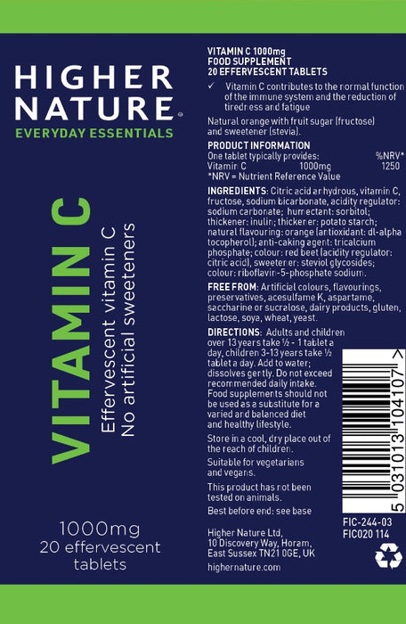 Higher Nature Vitamin C 1000mg 20 Effervescent Tablets