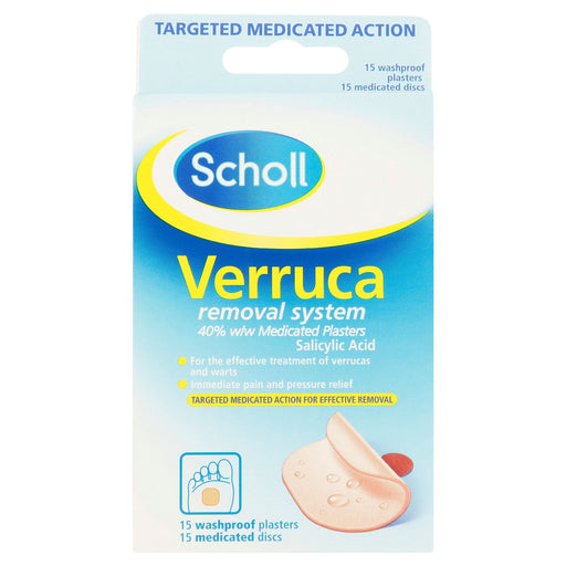 Scholl Verucca Removal System 40% w/w Medicated Plasters 15 Washproof Plasters 15 Medicated Discs