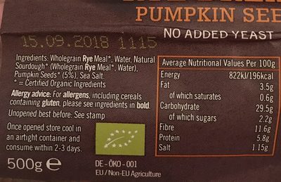Biona Organic Rye Bread Pumpkin Seed 500g
